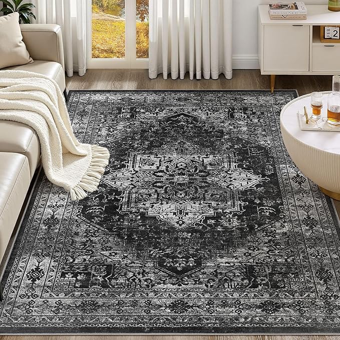 UERMEI 5x7 Area Rug Living Room Rugs - Washable Vintage Soft Large Rug Indoor Floor No Slip Rug Carpet for Bedroom Farmhouse Under Dining Table Home Office Decor - Black