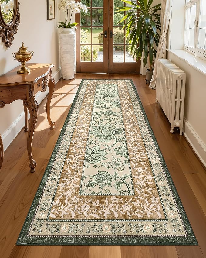 GarveeHome Terracotta Olive Sage Green 8x10 Area Rugs for Living Room, Botanical Grove Cottagecore Washable Rug for Bedroom Dining Nursery Low-Pile Vintage Large Carpet