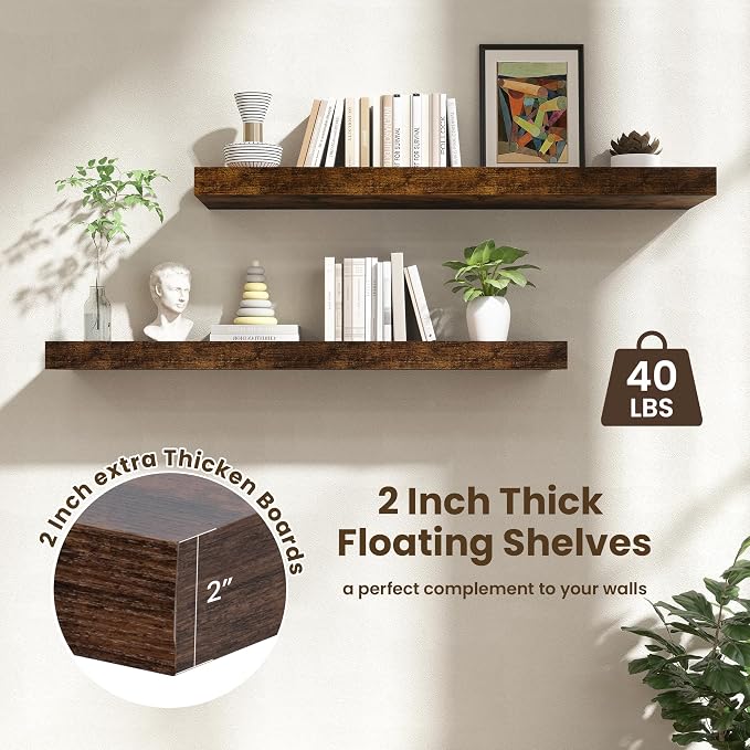 FLYJOE 48 Inch Floating Shelves | 12 Inch Deep Floating Shelves Set of 1 | 48" W x 12" D Rustic Brown Wood Wall Shelves for Bathroom Living Room Kitchen Laundry Room