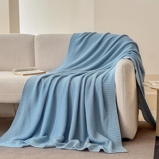 Simple&Opulence 100% Cotton Blanket King Size, Solid Color Cable Knitted Blanket Super Soft Comfortable Breathable Decorative Farmhouse for Couch Sofa Bed, All Season Use(Winter Blue,104x90)