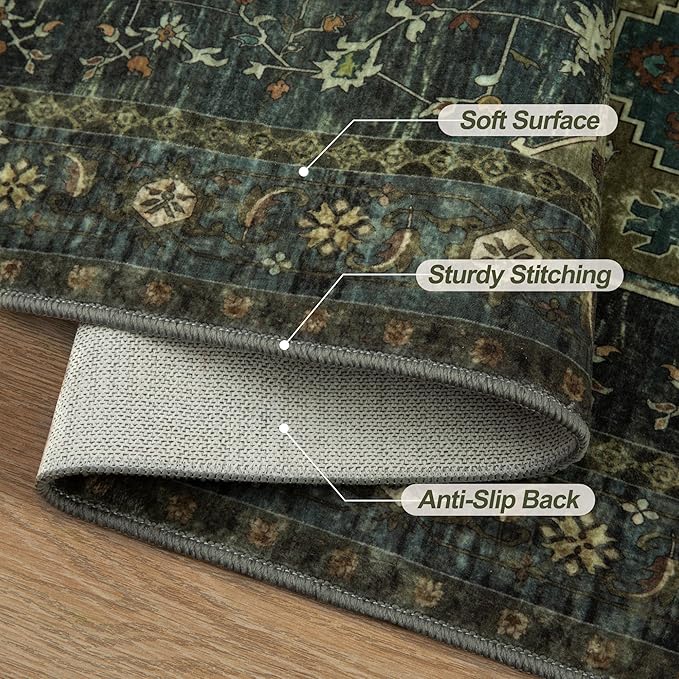 Tangsoo Green Round Rugs 5ft, Washable Circle Rug, Non Slip Boho Round Area Rug, Vintage Low Pile Circular Rugs, Round Carpet for Bedroom Living Room Nursery Dorm Office Olive Green