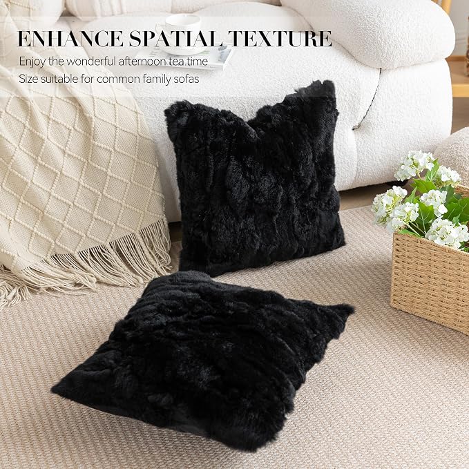MOOX Rabbit Fur Pillow Covers Set of 2 Fur Throw Lumbar Decorative Pillow Fuzzy Soft Fluffy Genuine Animal Skin 18"x18" Sofa Couch Bed Cover, Black