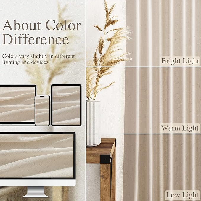Cream Beige Linen 144 Inch Curtains for Living Room Light Filtering Semi Sheer Curtain Back Tab Modern Farmhouse Decor Elegant Coastal Drapes Floor to Ceiling High Window for Bedroom 52x144, 2 Panels