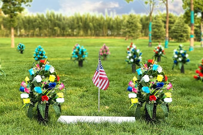 LVXINLI 2 Sets Artificial Cemetery Flowers,Outdoor Grave Decorations Roses,Beautiful Arrangements Bouquet with Cemetery Vase,Lasting and Non-Bleed Colors (Colorful)