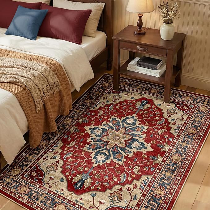 RELEANY Area Rugs 3'x5' Washable Non-Slip, Floral Vintage Distress Print Pattern Medallion Carpet for Living Room Bedroom Dining Room, Red Blue