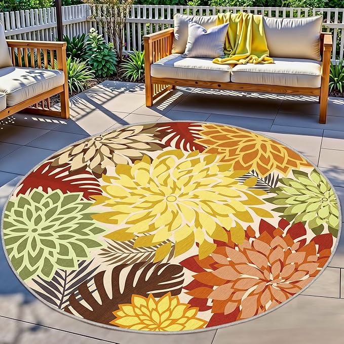 Colorful 6FT Outdoor Round Area Rug Washable Rugs Multicolored Patio Rug Tropical Botanical Floral Chenille Waterproof Outdoor Carpet for RV, Pool Deck, Backyard, Porch, Orange