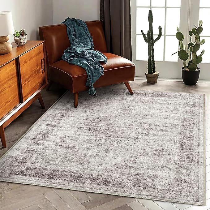 CHAMPLANT Washable Area Rug 4'x6' Floral red Traditional Floor Cover Foldable Thin Rugs Retro Kitchen Indoor Distressed Non Slip Carpet Floral Print Mat Bedroom Living Room