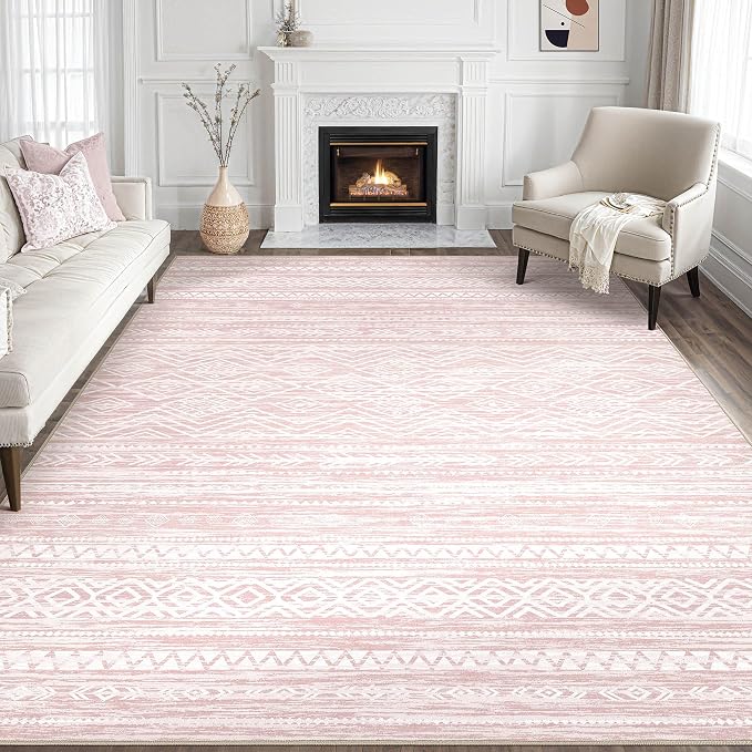Tortania Area Rug Living Room Rugs- 8x10 Washable Large Soft Neutral Boho Moroccan Bohemian Farmhouse Rug Indoor Floor Carpet for Bedroom Under Dining Table Home Office Decor - Pink