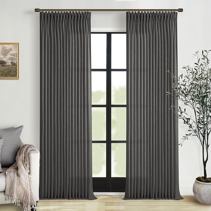 Gray Linen Pinch Pleated Curtains 108 Inches Long 2 Panels for Living Room Bedroom Light Filtering Linen Drapes 108 Inch Length Charcoal Grey Semi Sheer Memory Shape Trained Ceiling Floor Curtain 9Ft