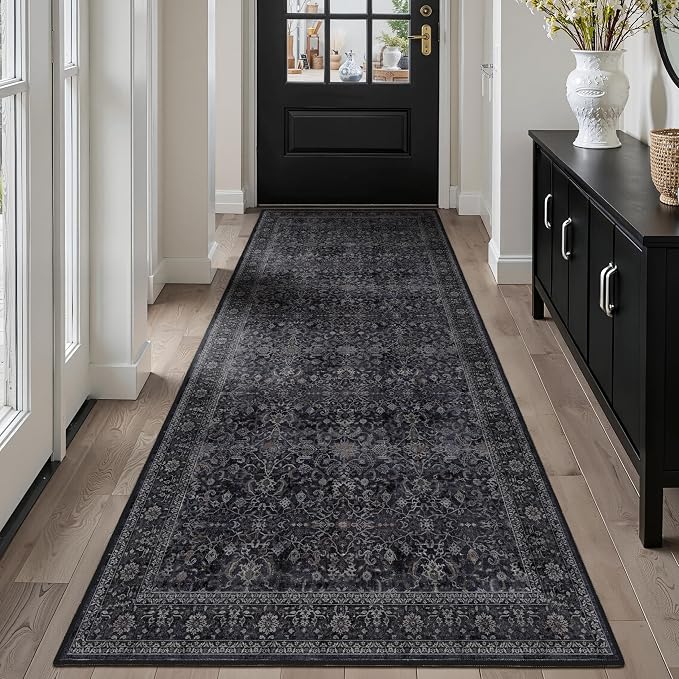 Dark 3x8 Hallway Runner Rug, Entryway Kitchen Runners Non Skid Washable 8 ft, Non Slip Ultra Thin Carpet Runner for Corridor Mudroom Foyer Bathroom Bedroom, Vintage Farmhouse Midnight