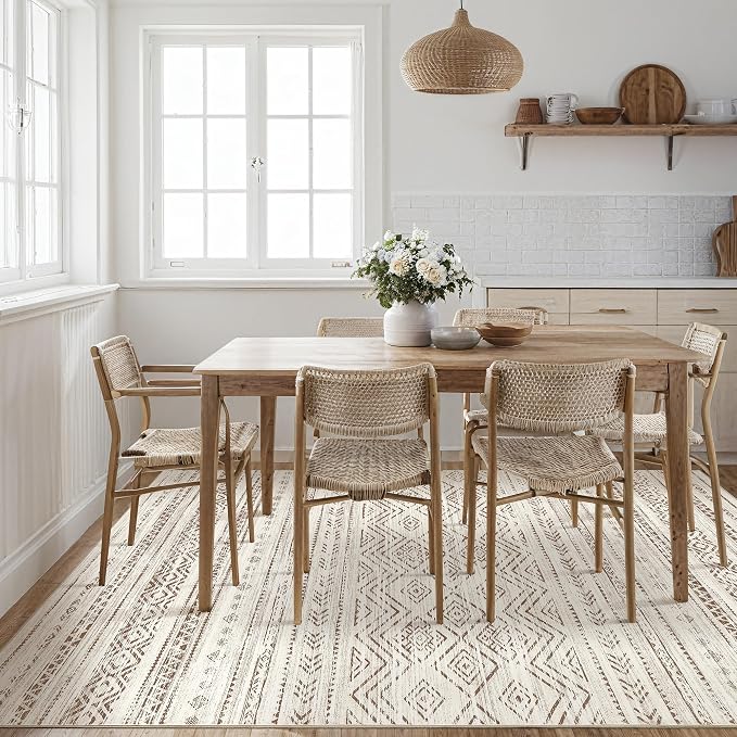Tortania Area Rug Living Room Rugs - 5x8 Washable Large Soft Neutral Boho Moroccan Bohemian Farmhouse Rug Indoor Floor Carpet for Bedroom Under Dining Table Home Office Decor - Beige Brown