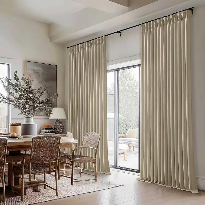 Flax Linen Curtains 108 Inches Long Pinch Pleat for Living Room Dining 2 Panels Tan Khaki Greyish Brown Light Filtering Privacy 108 Inch Pleated Drapes Hooks Rings Back Tab for Sliding Door Bedroom