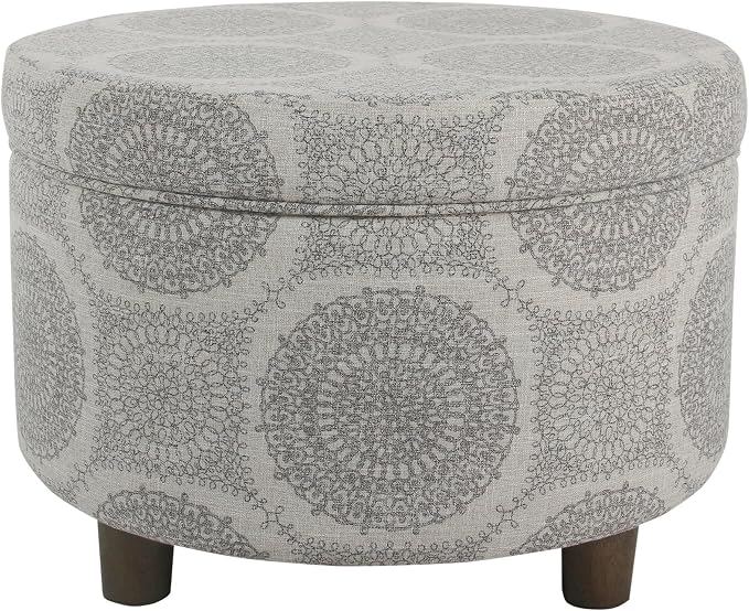 Homepop Home Decor | Upholstered Round Storage Ottoman | Ottoman with Storage for Living Room & Bedroom (Grey Medallion) 24.0 In. X 24.0 In. X 17.0 In.