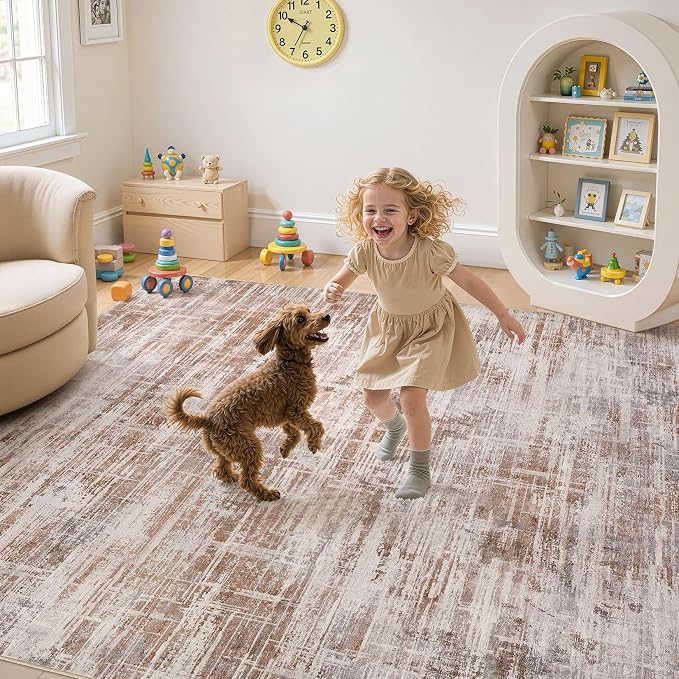 UERMEI 8x10 Washable Area Rug for Living Room: Modern Neutral Abstract Large Soft Low Pile Carpet Non-Slip Pet Kids Friendly Indoor Decor for Bedroom Dining Room Home Office Nursery Blue Brown