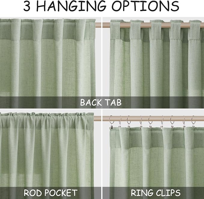 Mist Sage Linen Curtains 90 Inch Long 2 Panels Set for Bedroom Living Room Linen Textured Window Drapes Semi Sheer Light Filtering Rod Pocket Back Tab Cotton Textured Farmhouse Curtain 52x90