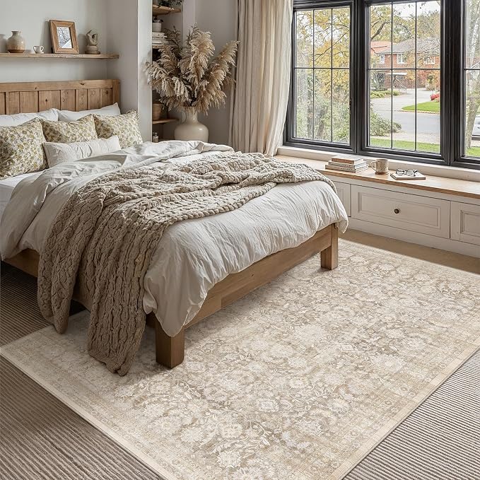 9x12 Beige Washable Modern Area Rug Living Room Non Slip Low Pile Floral Extra Large Rug Vintage Traditional Stain Resistant Carpet Bedroom Office Indoor Playroom