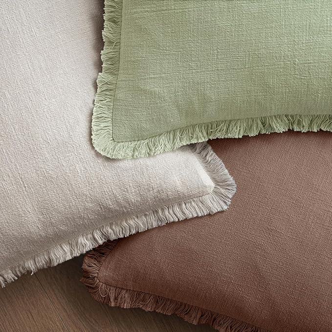 MIULEE Decorative Throw Pillow Covers Neutral Linen Fringe Throw Pillows Euro Shams Set of 2 Dark Coffee Boho Farmhouse Cushion Covers for Couch Sofa Bed Living Room Fall Home Decor 26x26 Inch