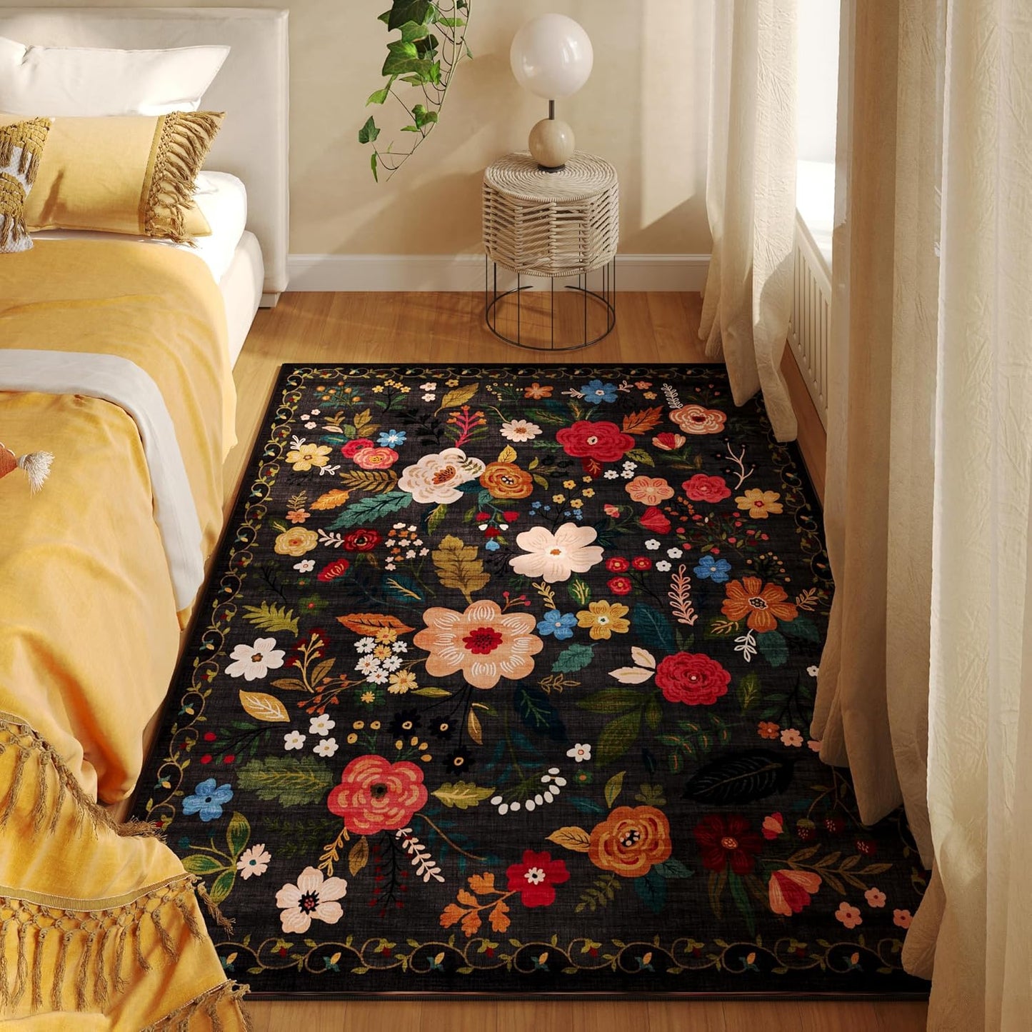 Area Rug 4x6 Rug Washable Boho Rugs Non Slip Low Pile Floral Small Carpet for Bedroom, Bedside, Kids Room, Office, Dining Room(Black)