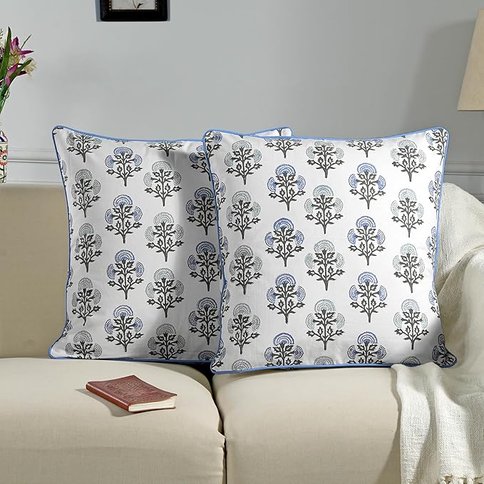 Ridhi Block Print Mughal Buta Blue Pillow Cover 20" x 20" (Pack of 2) Decorative Couch Pillows for Living Room, Chic Boho Cute Outdoor Pillows Covers Gifts for Spring, Easter and Valentine