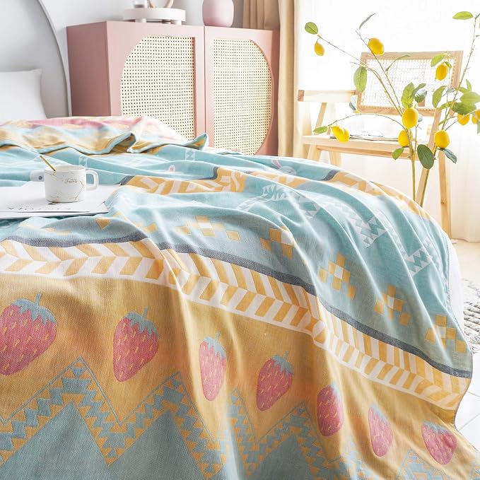 MEJU Boho Bunny Rabbit Green Muslin Lightweight Summer Strawberry Blanket Throw for Bed Sofa Couch, 100% Cotton 2 Layer Soft Warm Quick Dry Throw Blanket Bed Coverlet Sheet Full Queen 80 in X 90 in