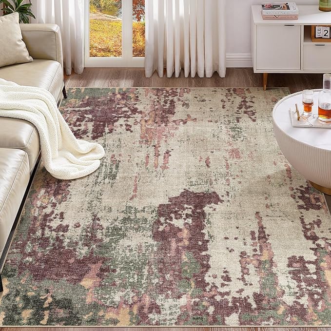 UERMEI 6x9 Area Rug Living Room Rugs - Washable Neutral Modern Abstract Soft Thin Rug Indoor Floor No Slip Rug Carpet for Bedroom Under Dining Table Home Office Decor - Purple/Green/Beige