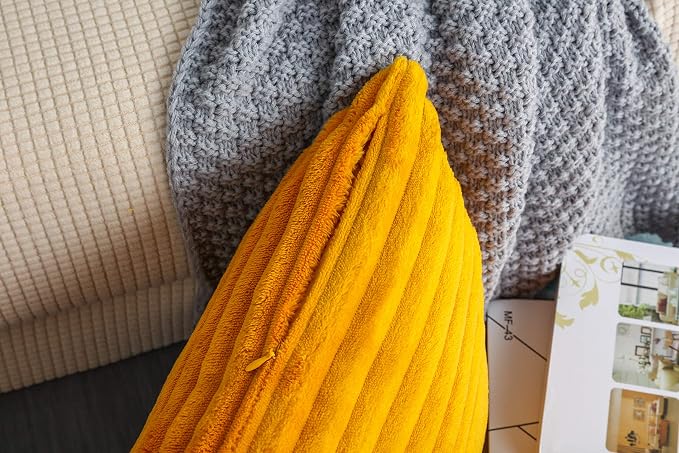 TangDepot Velvet Big Corduroy Pillow Covers 12x24 Deep Yellow 2-Pack | Soft wide-stripe corduroy pillow cover, hidden zipper, machine washable, easy refresh, for bedroom living room indoor outdoor
