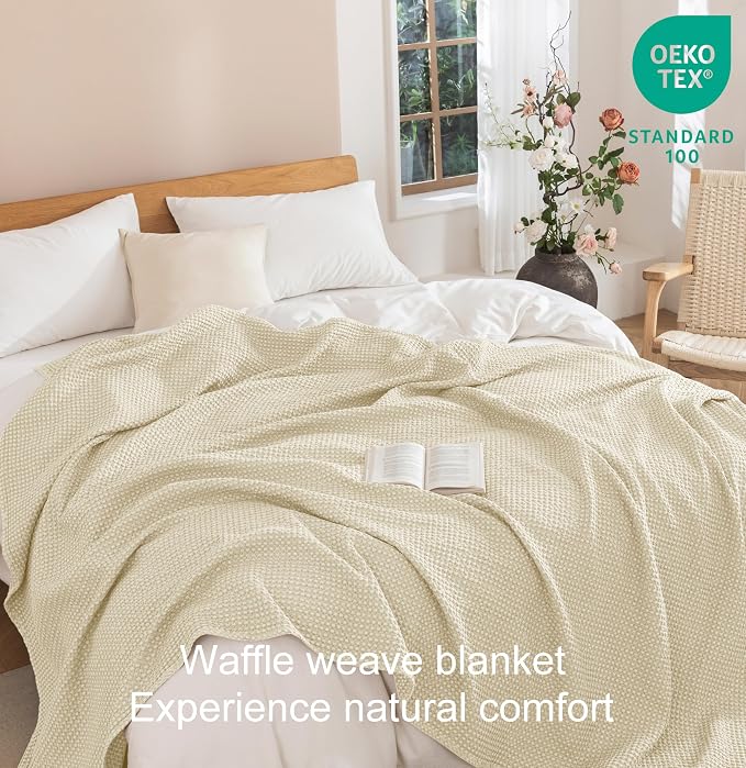 Talasily 100% Cotton Blanket Queen Size for Bed - Spring and Summer Cooling Lightweight & Breathable Bedding -Soft Waffle Weave Christmas Blanket, Machine Washable,Beige,90x90 Inches