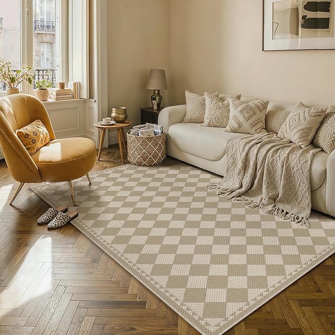 HUGEAR 5x8 Outdoor Rug Brown/Beige Linen-Look Fabric Checkered Area Rug High Traffic Stain Resistant Easy Clean Durable Rugs for Indoor/Outdoor Patio Deck Balcony Porch Garden Courtyard