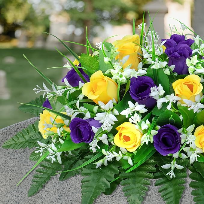 LVXINLI Artificial Cemetery Flowers Saddle-Shaped Tombstone Decorations Non-Fading UV-Resistant（ Yellow+Purple Saddle）