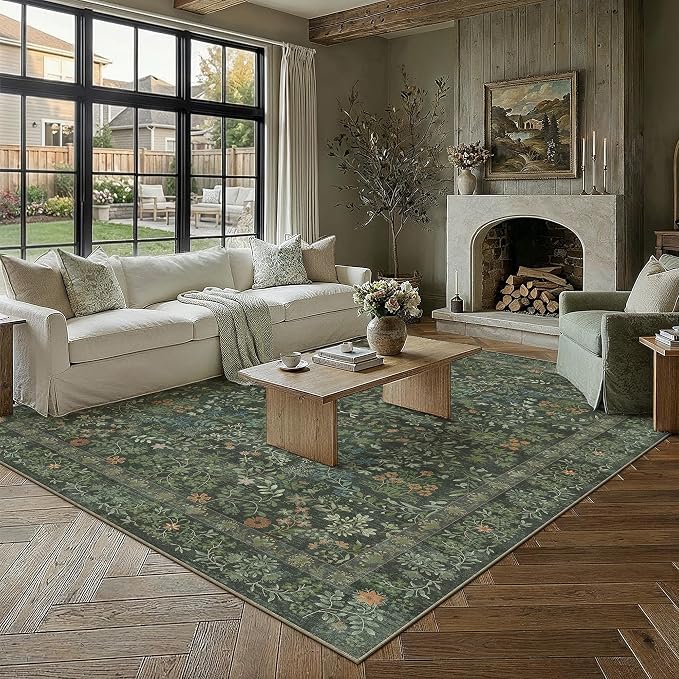 PureCozy 8x10 Dark Green Area Rug for Living Room Bedroom Washable Vintage Floral Carpet Low Pile Non Slip Botanical Aesthetic Large Dining Room Soft Accent Throw Rug Nursery Office Indoor