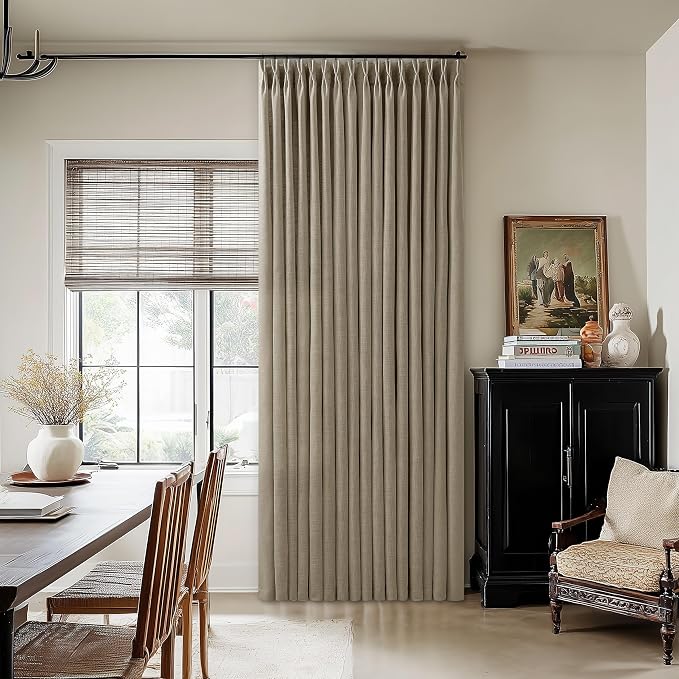 Pinch Pleated Linen 84 Inch Curtains 50 Inch Width for Living Room Divider Light Filtering Thick Light Brown Linen Extra Wide Patio Curtains for Sliding Door Balcony Floor to Ceiling Window 1 Panel
