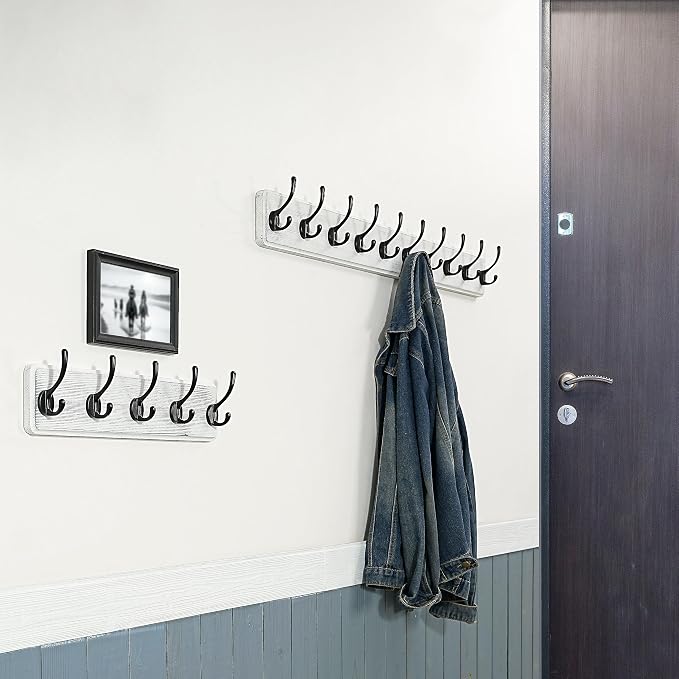 WEBI Coat Rack Wall Mount,10 Hooks,38 9/16" Long Coat Hooks Wall Mounted,16" Hole to Hole,Large Wood Coat Hanger Wall,Hook Rack for Hanging Coats,Jacket,Clothes,Hats,Black/White,2 Packs