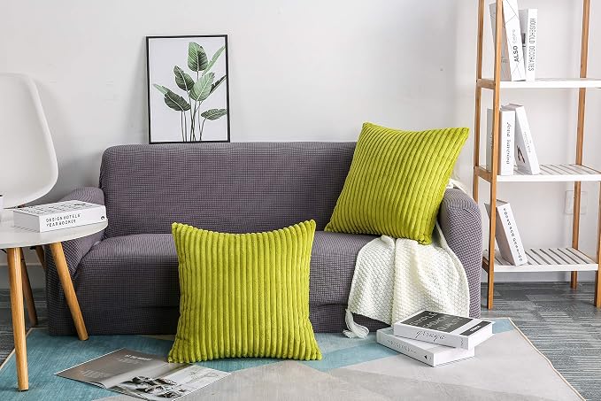 TangDepot Velvet Big Corduroy Pillow Covers 26x26 Green 2-Pack | Soft wide-stripe corduroy pillow cover, hidden zipper, machine washable, easy refresh, for bedroom living room indoor outdoor