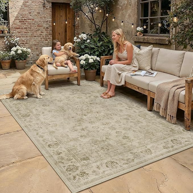 6x9 Easy Jute Neutral Area Rug Beige Vintage Indoor Outdoor Carpet Washable Non-Slip Farmhouse Throw Rug for Dining Room Office Farm Patio Porch Backyard Courtyard