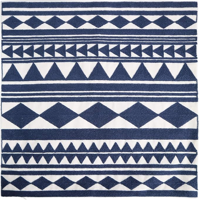 Embroidery Throw Pillow Cover 18x18 Home Décor Navy Blue Geometric Cushion Cover Diamond Triangle Pillow Case Floor Pillow Cover for Couch Sofa Chair 100% Cotton 45x45cm, 1 Piece