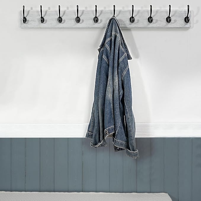 WEBI Coat Rack Wall Mount,10 Hooks,38 9/16" Long Coat Hooks Wall Mounted,16" Hole to Hole,Large Wood Coat Hanger Wall,Hook Rack for Hanging Coats,Jacket,Clothes,Hats,Black/White,2 Packs