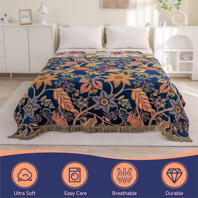 Boho Cotton Throw Blanket - Ultra-Soft Rustic Quilt for Bed, Home Decor & Travel - Large 90"x98" Muslin Blanket - All-Season Lightweight Bedspread & Throw for Women & Moms