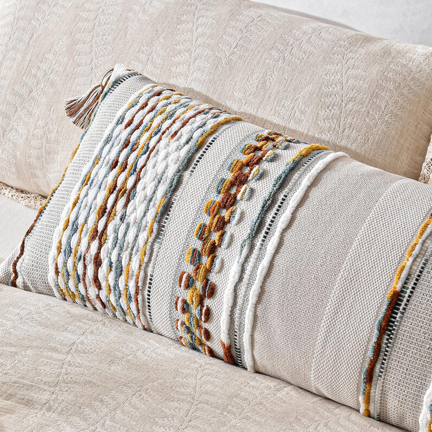 AmHoo Chenille Striped Textured Boho Throw Pillow Covers Aesthetic with Tassels Woven Decorative Pillow Case for Couch Bed Sofa Bedroom Modern Funky 14 x 36-Inch Brown