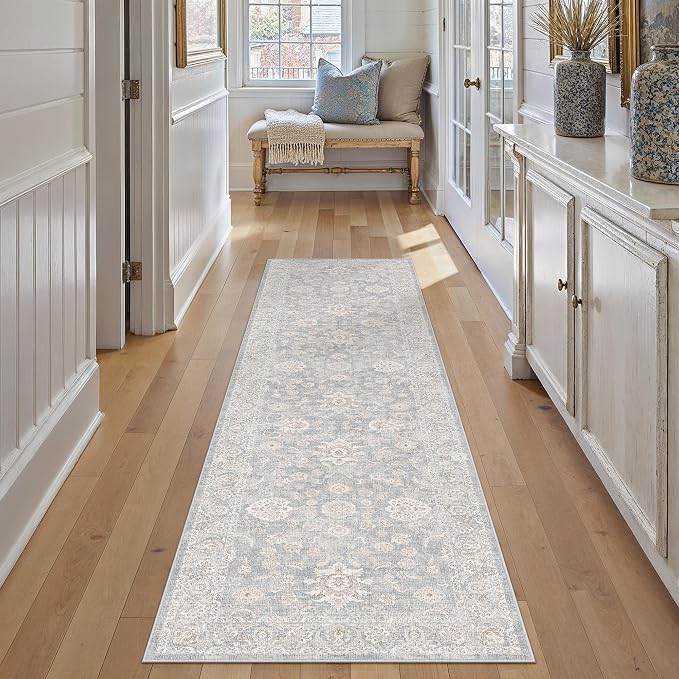 2x10 Blue Cream Washable Runner Rug for Kitchen Hallway Neutral Floral Soft Non Slip Rug Low Pile Distressed Carpet for Bathroom Bedroom Indoor Nursery