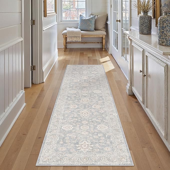 2'6x12 Blue Cream Washable Runner Rug for Kitchen Hallway Neutral Floral Soft Non Slip Rug Low Pile Distressed Carpet for Bathroom Bedroom Indoor Nursery