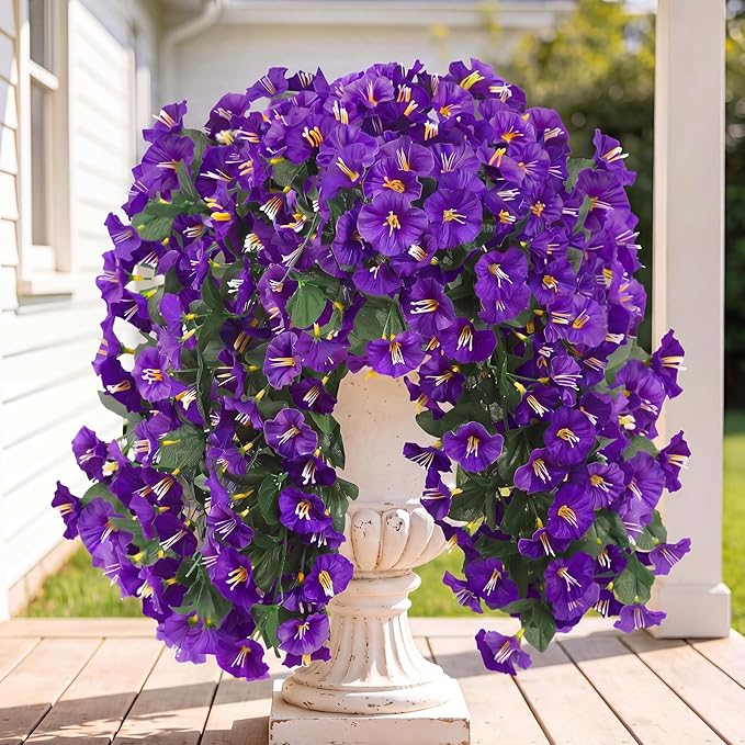 Sggvecsy Artificial Fake Hanging Flowers Plants for Outdoor Outside Spring Summer Decoration 4PCS Faux Silk UV Resistant Realistic Morning Glory Trailing Vines for Home Porch Patio Balcony(Purple)