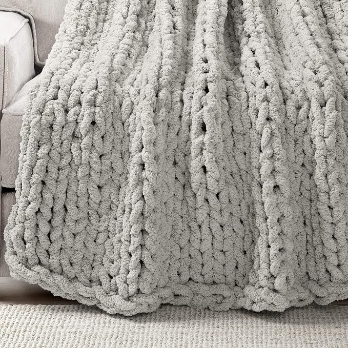 Lush Decor Hygge Ultra Soft Cozy Chenille Chunky Knit Blanket/Throw, 72" x 40", Light Gray