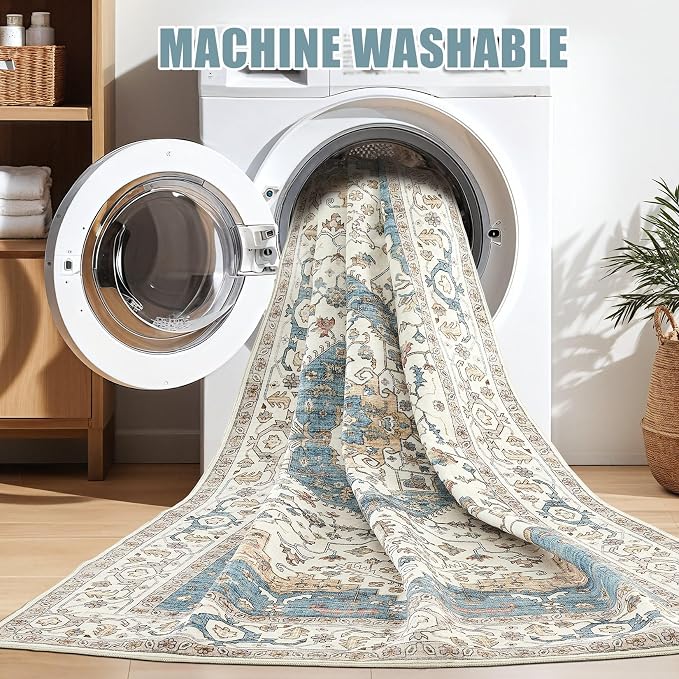 Area Rug for Living Room - 10x14 Soft Washable Oriental Vintage Floral Distressed Large Carpet - Fade Stain Resistant Non Slip Rugs for Bedroom Dining Room Nursery Dorm Office Home Decor - Blue/Beige