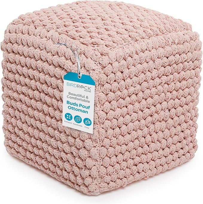 BIRDROCK HOME Square Pouf Ottoman Foot Rest - 18” Compact Comfortable Soft Cotton Knit Bean Bag Floor - Chair Foot Stool Seat for Living Room, Bedroom, or Kids Room (Dusty Rose Pink Bud)