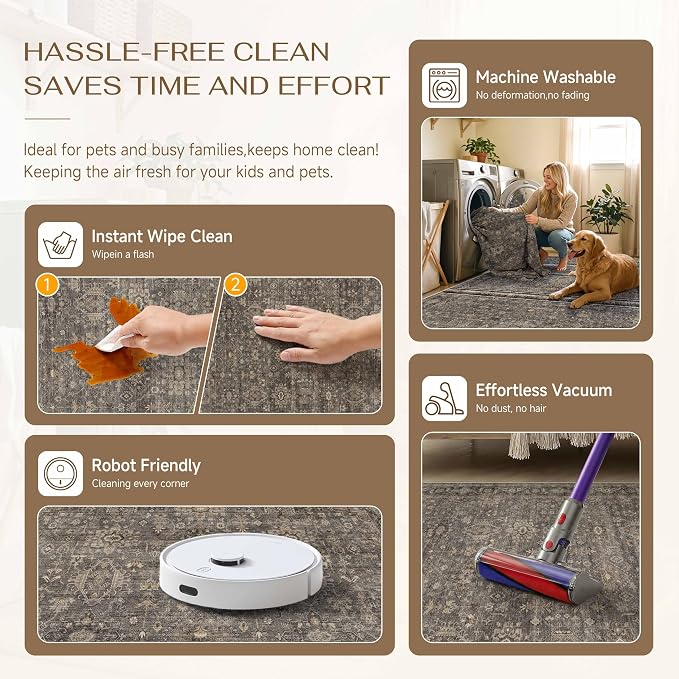 12x15 Washable Area Rug for Living Room Bedroom Vintage Brown Non Slip Carpet Traditional Retro Soft Low Pile Large Throw Rug for Dining Room Kitchen Office Indoor