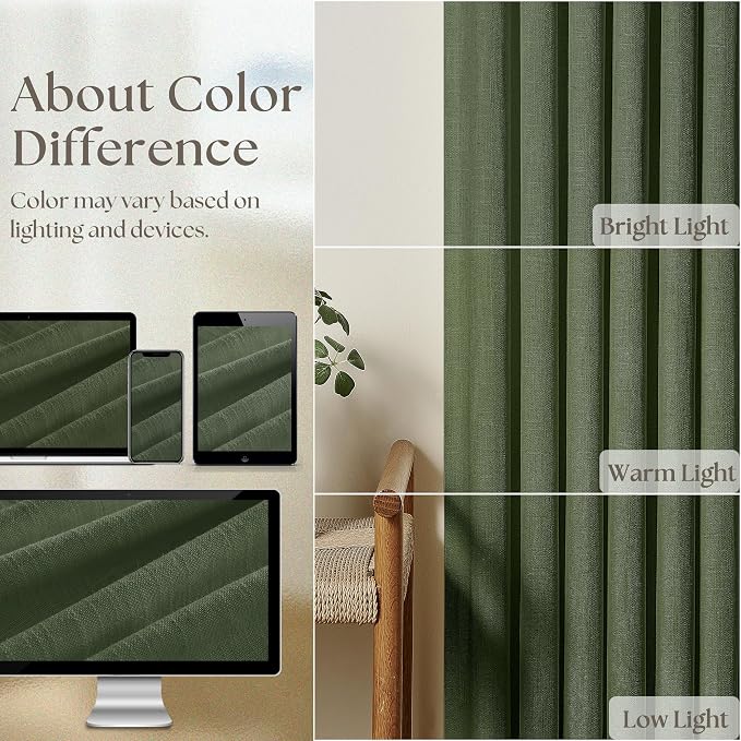 TWODRAPES Loden 120 Inch Long Curtains Extra Long Olive Green Linen Pinch Pleated Curtains 2 Panels for Living Room Bedroom Thick Linen Pleated Hooks Rings Back Tab 120 Inch Drapes for Large Window