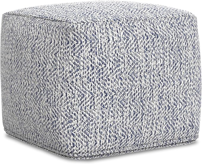 SIMPLIHOME Nate Square Pouf - 18 inch Wide Upholstered Handwoven Cotton Ottoman in Blue, Boho Footstool or Extra Seating for Living Room or Bedroom with Polystyrene EPS Beads, Assembled
