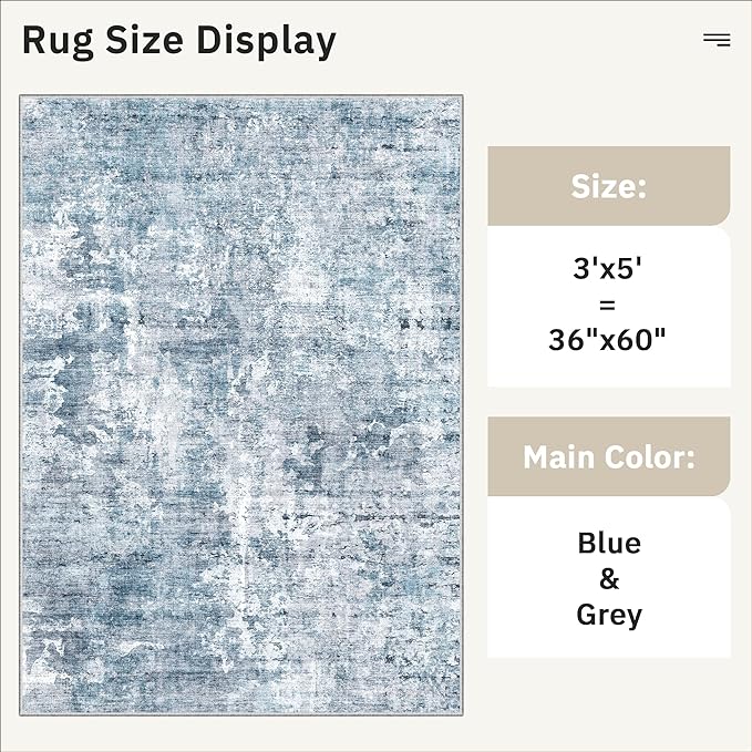 Soalmost 3x5 Rug, Small Area for Kitchen, Entryway, Machine Washable Non-Slip Throw Rug, Vintage Carpet for Nursery Coffee Table Blue