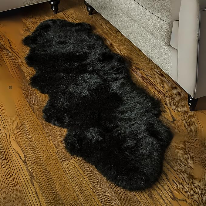 Woolous Black Sheepskin Rug 2x6 ft Genuine Double Pelt Plush Fur Runner Rug | Real double pelt sheep skin runner rug, soft black plush rug and fur carpet for bedroom, living room, nursery and floor decor