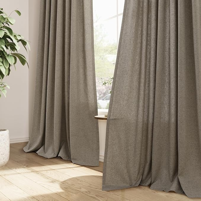 Guken Dark Taupe Pinch Pleated Linen Curtains 84 Inch Length 2 Panels for Living Room Bedroom Modern Farmhouse Boho Window Privacy Curtain Semi Sheer Back Tab Draps with Hooks Rings 84 Inches Long